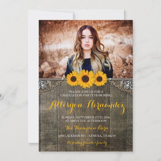 Pays Rustic Sunflower Graduation Photo Invitation (Devant)