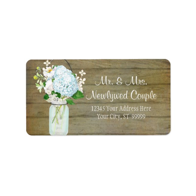 Pays rustique étiquette Mason Jar Blue Hydrangeas (Devant)