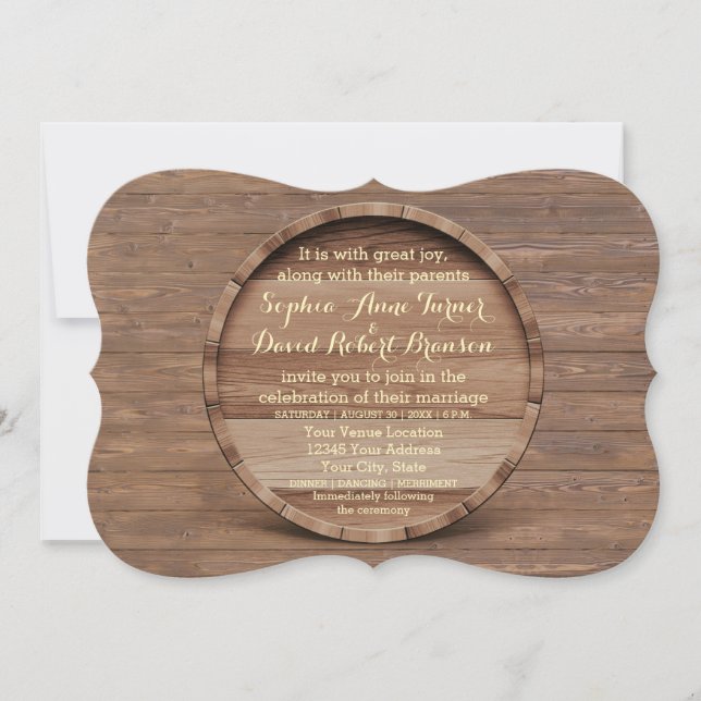 Pays rustique Faire-part de mariage en fût de bois (Devant)