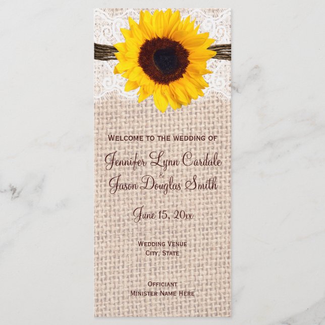 Pays rustique tournesol Programmes de mariage vert (Devant)