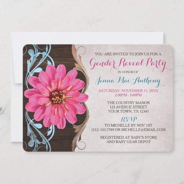 Pays Zinnia Genre Revela Party Invitations (Devant)