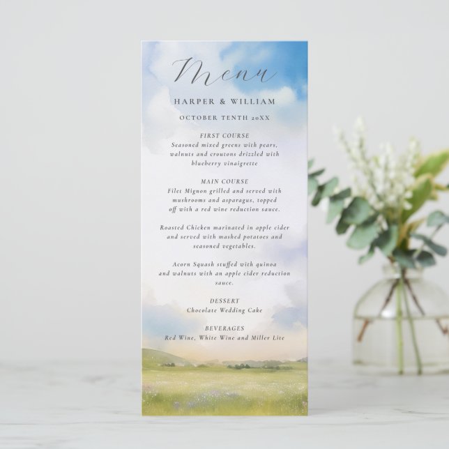 Paysage aquarelle avec nuages menu mariage (Debout devant)