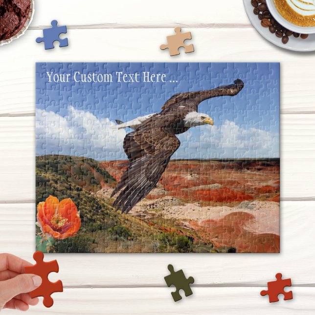 Paysage d'Imaginaire avec Puzzle d'aigle chauve (Puzzle featuring a fantasy landscape with bald eagle and blossoming cactus)