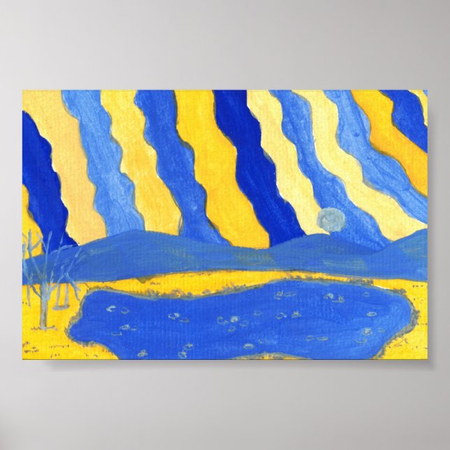 Paysage minimaliste bleu et jaune Impression (Devant)
