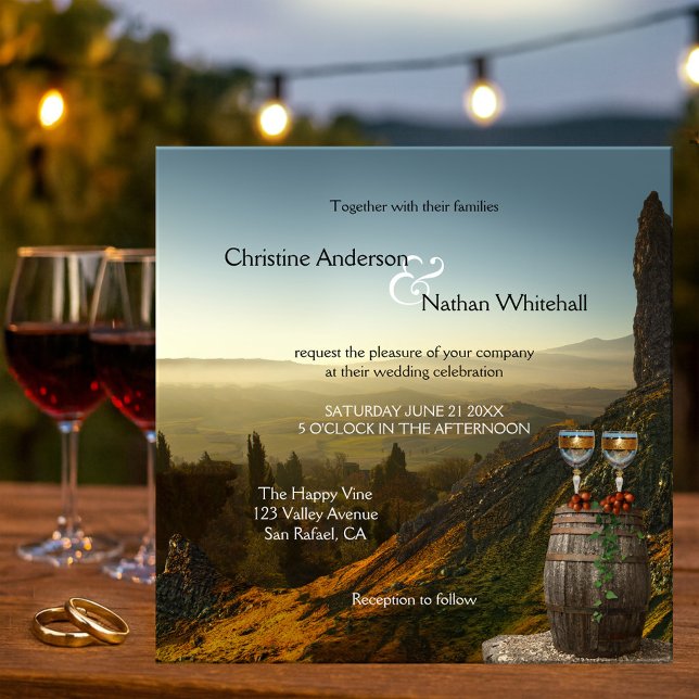 Paysage Vignoble Vignoble Faire-part de mariage vi (Wedding invitation featuring a painting of a wine barrel with glasses and grapes and landscape view)