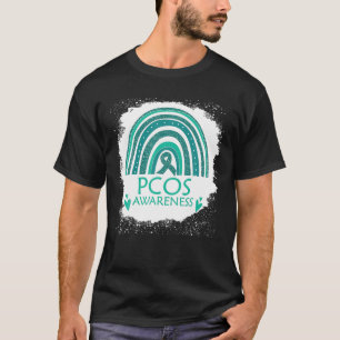 PCOS Awareness Bleached Rainbow Teal Ribbon Suppor T-Shirt