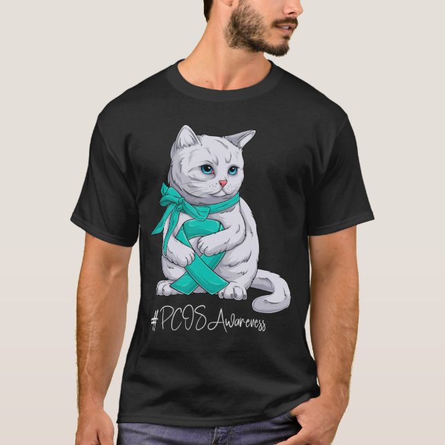 PCOS Awareness Month Teal Ribbon Cat T-Shirt (Front)