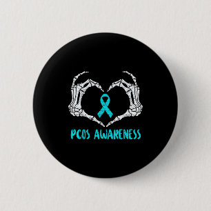Pcos awareness skeleton hand heart ribbon teal 2 inch round button