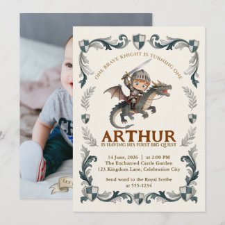 PDF Watercolor Knight Castle Boys 1st Bday Photo Invitation