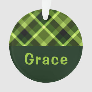 Pea Green Plaid Monogram Circle Acrylic Ornament 