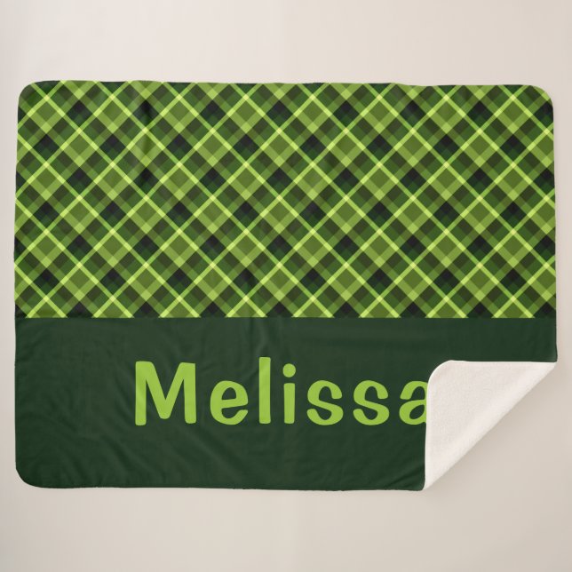 Pea Green Plaid Monogram Large Sherpa Blanket (Front (Horizontal))