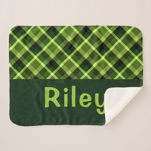 Pea Green Plaid Monogram Small Sherpa Blanket (Front (Horizontal))