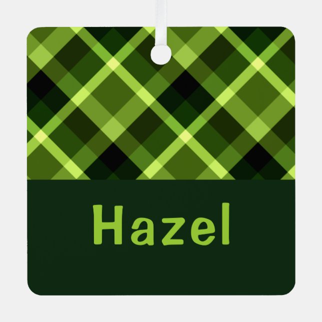 Pea Green Plaid Monogram Square Metal Ornament  (Front)