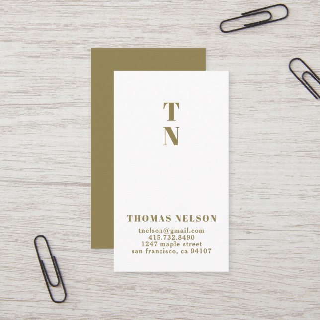 Pea Green Simple Minimalist Monogram Business Card (Front/Back In Situ)