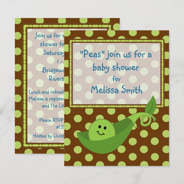 Pea Pod on Polka Dots Baby Boy Shower Invitation (Front/Back)
