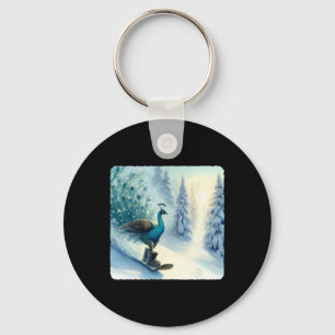 Pea Snowboards In Snowy Backdrop. Snowboarding Fro Keychain