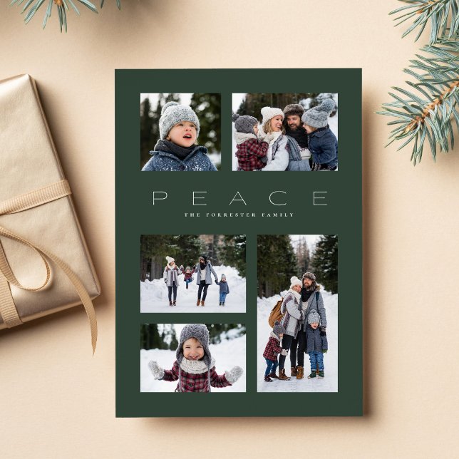 Peace 5 photo collage dark green minimal Christmas Holiday Card (Creator Uploaded)