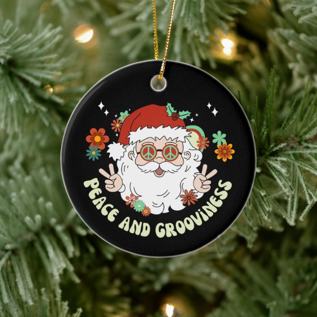 Peace and Grooviness Hippie Santa Christmas Ceramic Ornament (Tree)