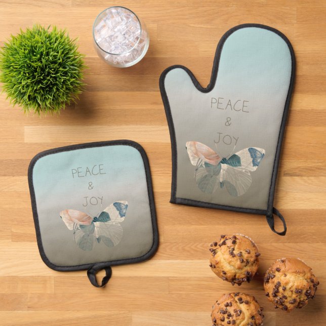 Peace and Joy Butterfly Oven Mitt & Pot Holder Set (Top Down)