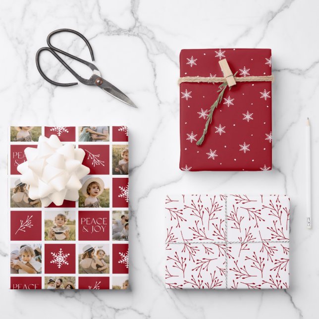 Peace and Joy Cranberry Holiday Photo Collage Wrapping Paper Sheet (Front)