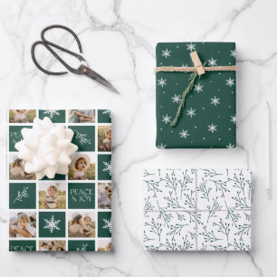 Peace and Joy Dark Green Holiday Photo Collage Wrapping Paper Sheet