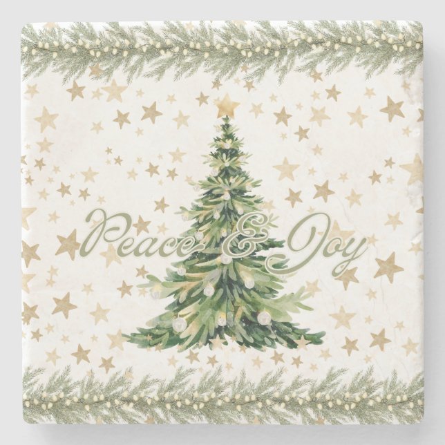 Peace And Joy Green Christmas Tree  Stone Coaster (Front)