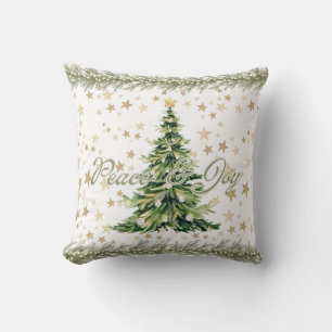 Peace And Joy Green Christmas Tree Throw Pillow