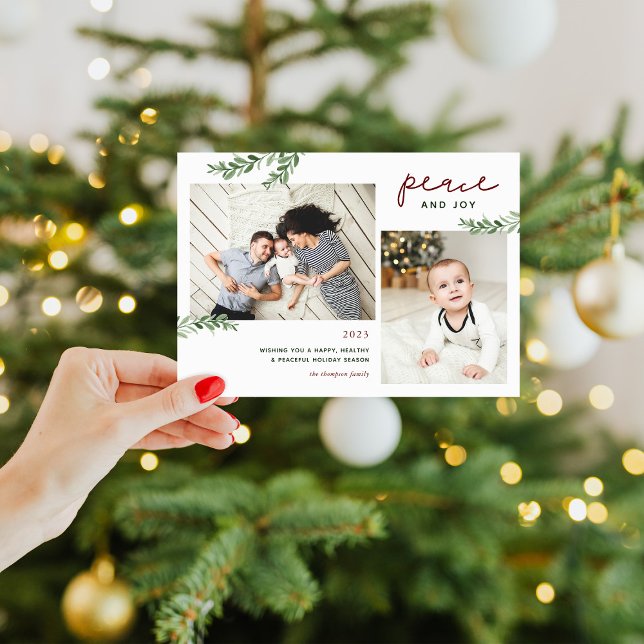 Peace and Joy | Greenery Branches 2 Photo Holiday Card (Creator Uploaded)