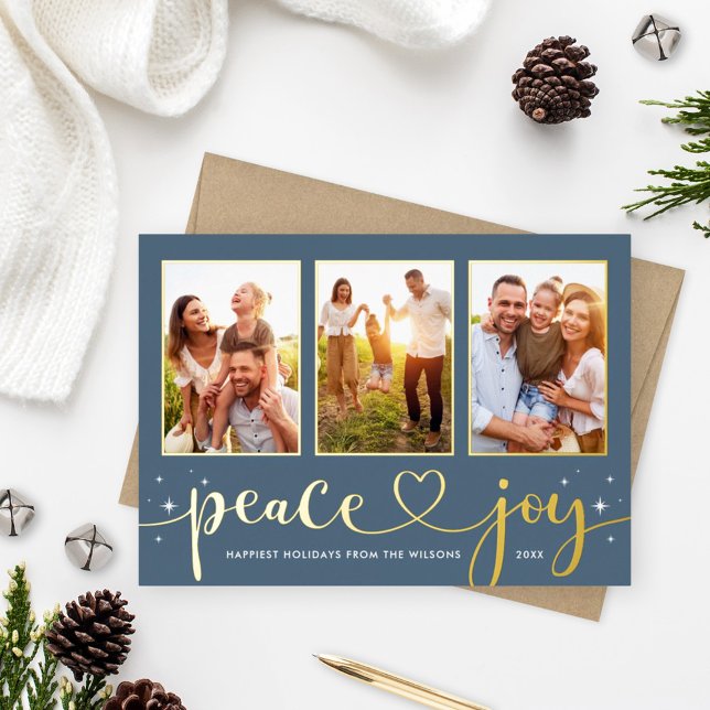 Peace and Joy Modern Gold Heart Script 3 Photo Foil Holiday Card (Creator Uploaded)