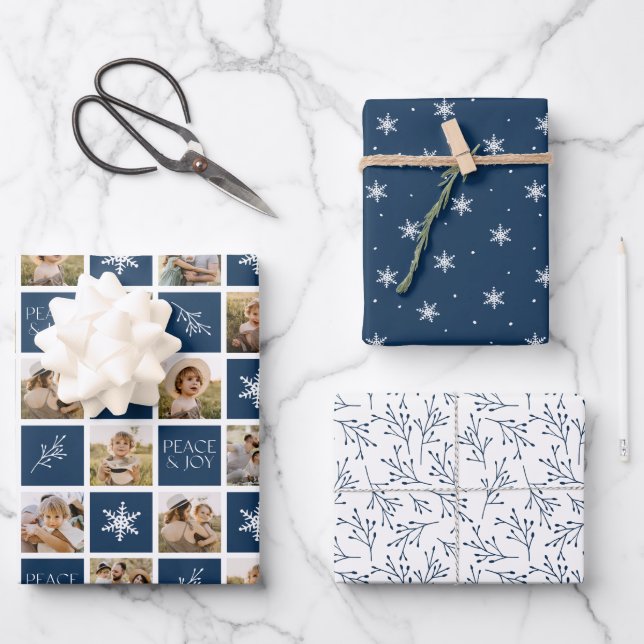 Peace and Joy Navy Holiday Photo Collage Wrapping Paper Sheet (Front)