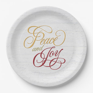 Peace and Joy On Whitewashed Wood Paper Plate