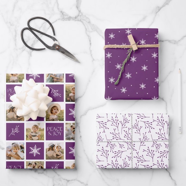 Peace and Joy Purple Holiday Photo Collage Wrapping Paper Sheet (Front)