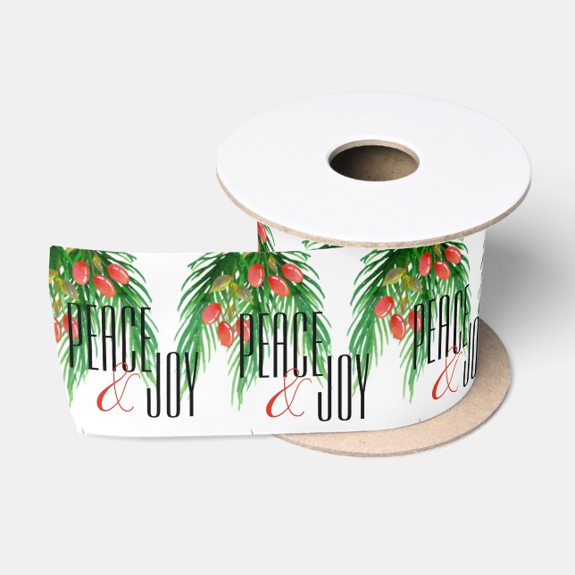 Peace And Joy Red Berries Leaves Christmas Pattern Satin Ribbon (Spool)