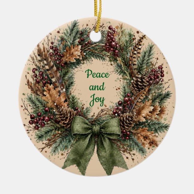 Peace and Joy Rustic Pinecone Wreath Christmas  Ceramic Ornament (Front)