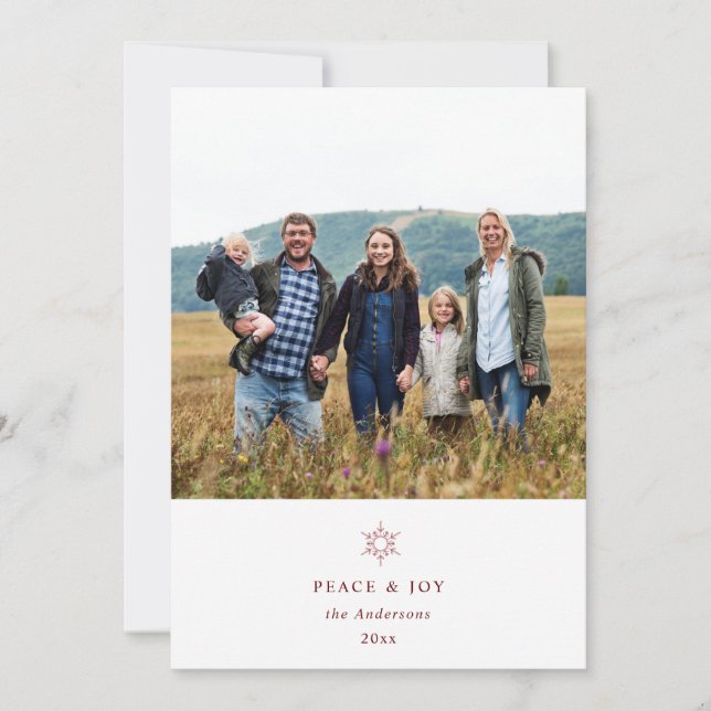 peace and joy snowflake photo holiday card (Front)