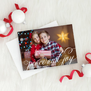 Peace and Joy White Handwritten Script Photo Holiday Card