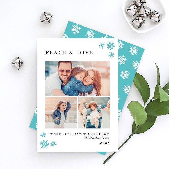 Peace and Love Aqua Snowflake Photo Collage Holiday Card (Creator Uploaded)