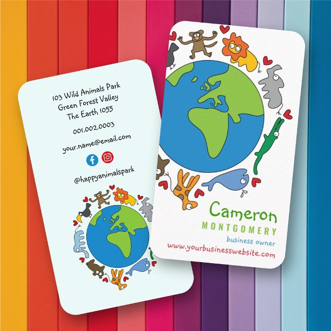 Peace And Love Cute Cartoon Animals of The World Business Card (Peace And Love Cute Cartoon Animals of The World Business Card / Profile Card @ fatfatin)