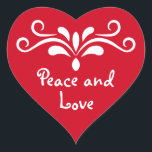 Peace and Love for Christmas Heart Sticker<br><div class="desc">Cute heart shaped red stickers with a white flourish and a positive message for the holidays. Peace and Love in white lettering. These make cute envelope seals for your Christmas cards and letters. Merry Christmas,  Happy New Year,  and peace and love to and yours.</div>