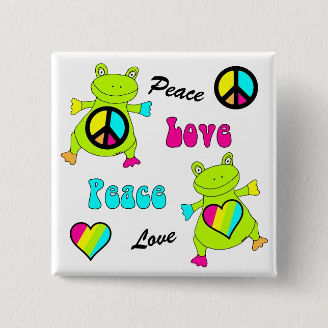Peace and Love Frogs Square 2 Inch Square Button (Front)