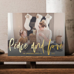 Peace and Love Gold Foil Script 1 Photo Christmas Holiday Postcard