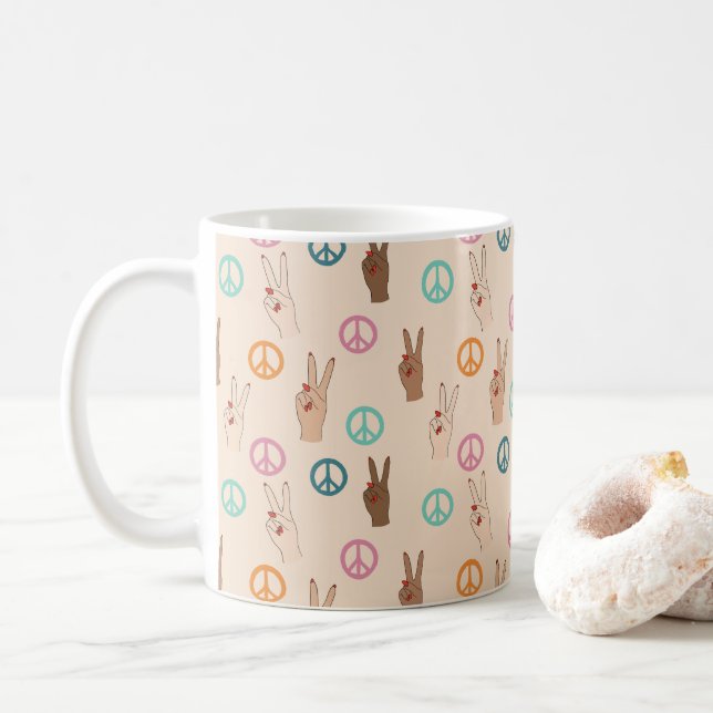 Peace and Love Multicultural Hand Pattern Coffee Mug (With Donut)