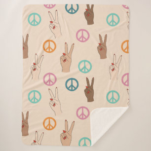 Peace and Love Multicultural Hand Pattern Sherpa Blanket