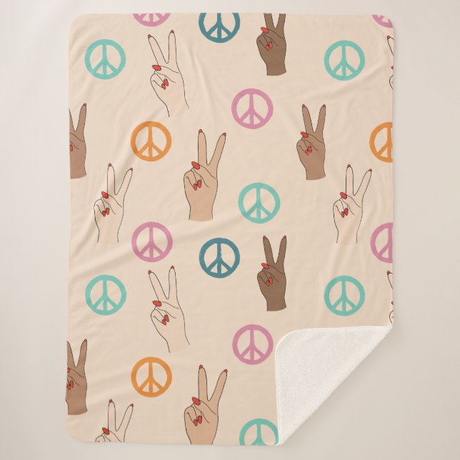 Peace and Love Multicultural Hand Pattern Sherpa Blanket (Front)