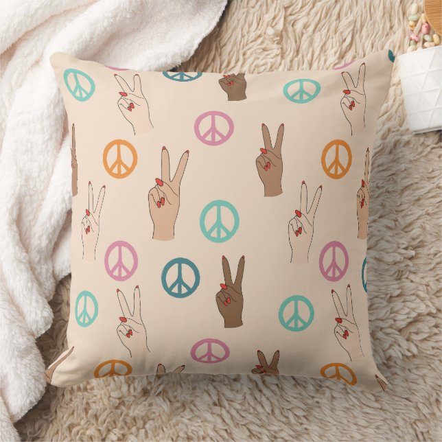 Peace and Love Multicultural Hand Pattern Throw Pillow (Blanket)