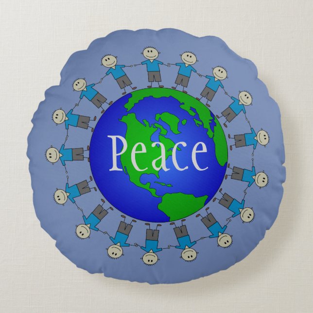 Peace and Love Planet Earth Cute Stick Figures Round Pillow (Front)