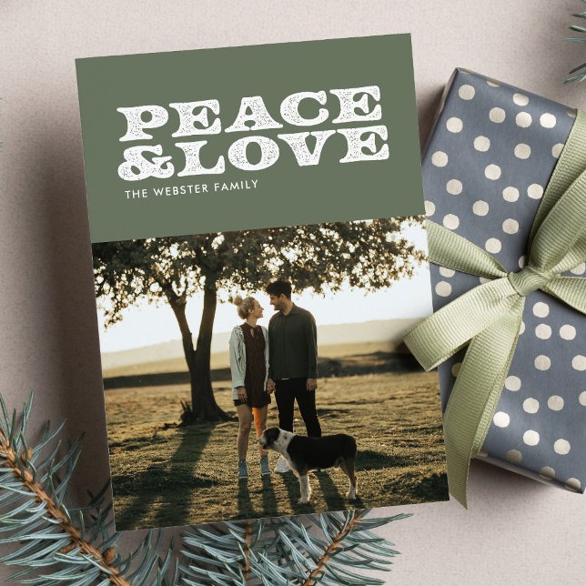 Peace and love retro green holiday card (Creator Uploaded)