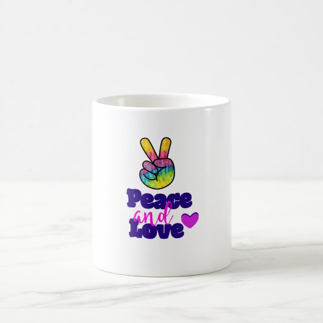 Peace and Love Typography Rainbow Hand Peace Sign Coffee Mug (Center)