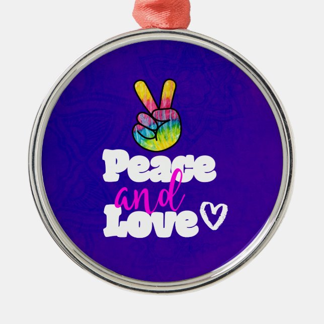 Peace and Love Typography Rainbow Hand Peace Sign Metal Ornament (Front)