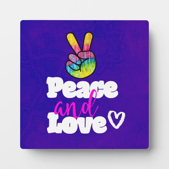 Peace and Love Typography Rainbow Hand Peace Sign Plaque (Front)